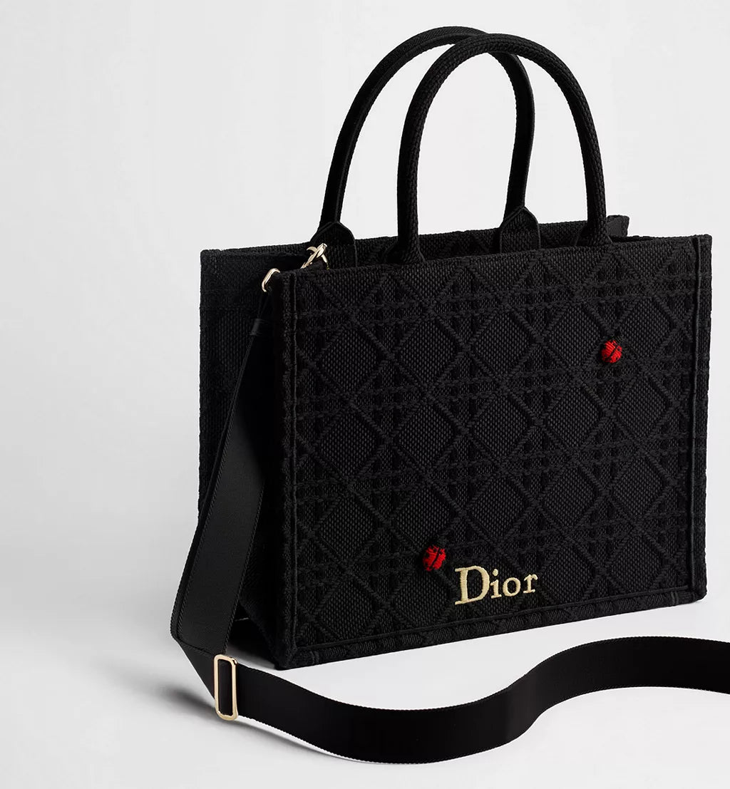 Medium Dior Book Tote with Strap Black Raffia-Effect Cannage Embroidery