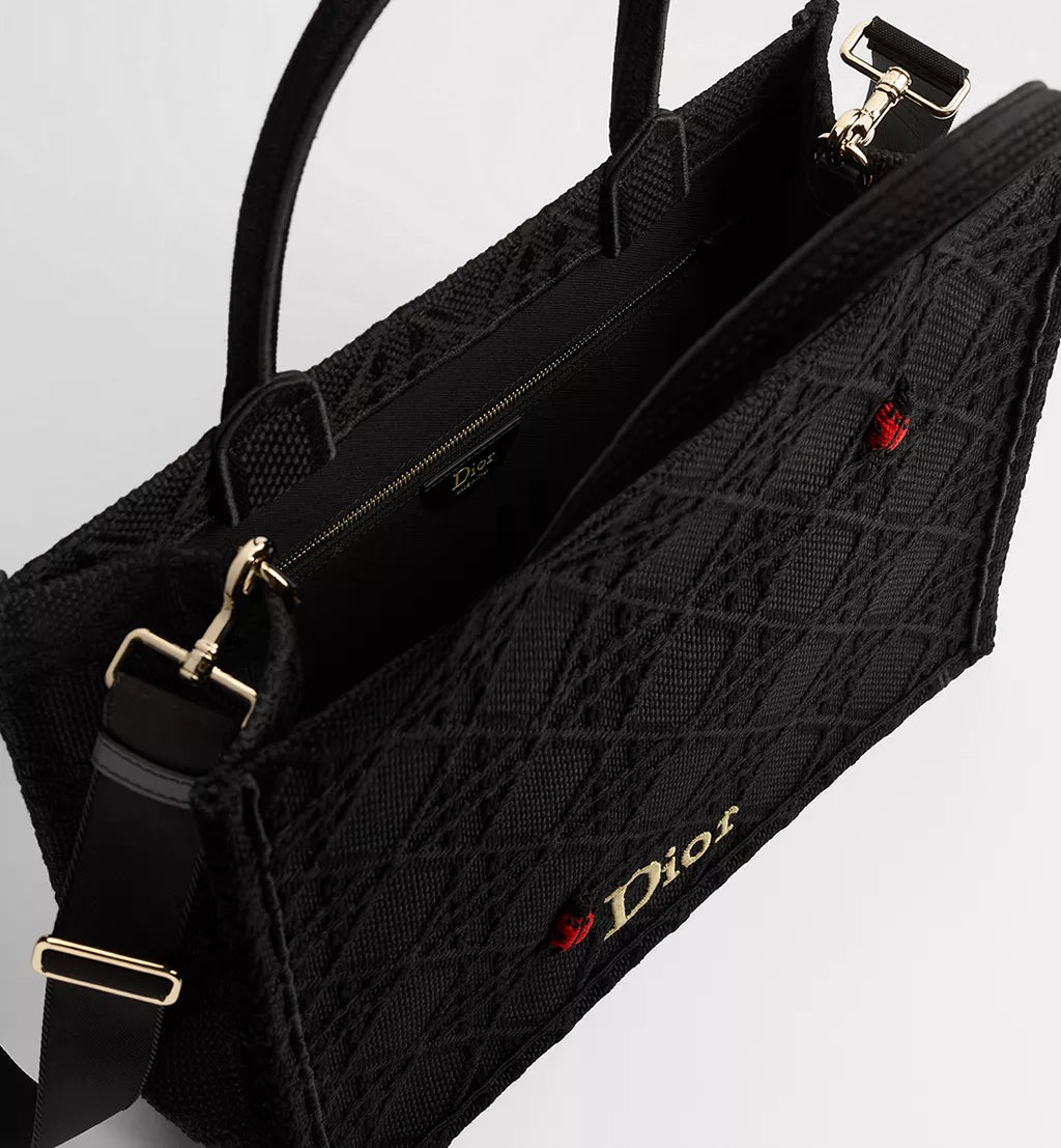 Medium Dior Book Tote with Strap Black Raffia-Effect Cannage Embroidery