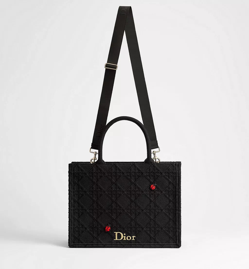 Medium Dior Book Tote with Strap Black Raffia-Effect Cannage Embroidery