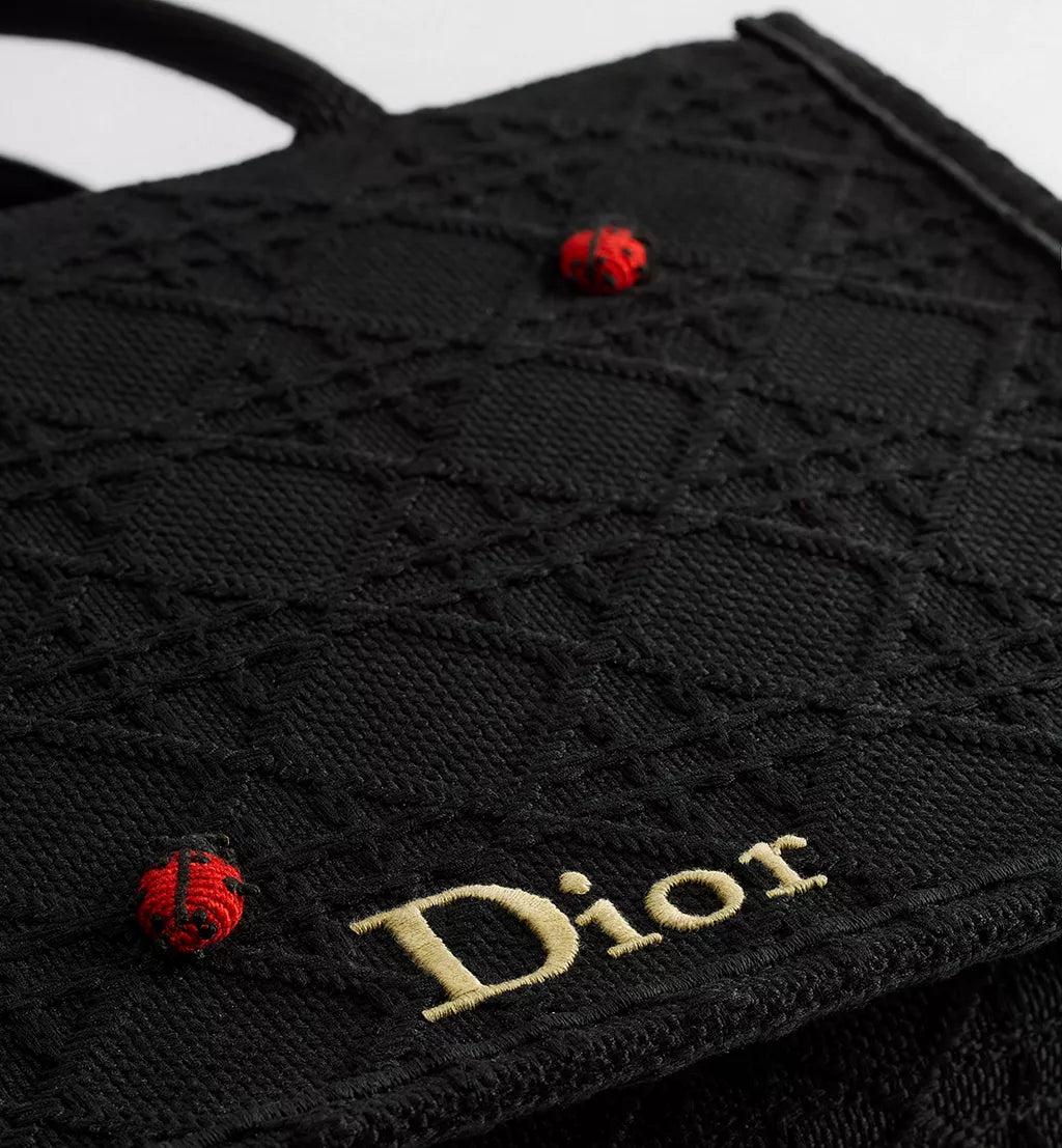 Medium Dior Book Tote with Strap Black Raffia-Effect Cannage Embroidery