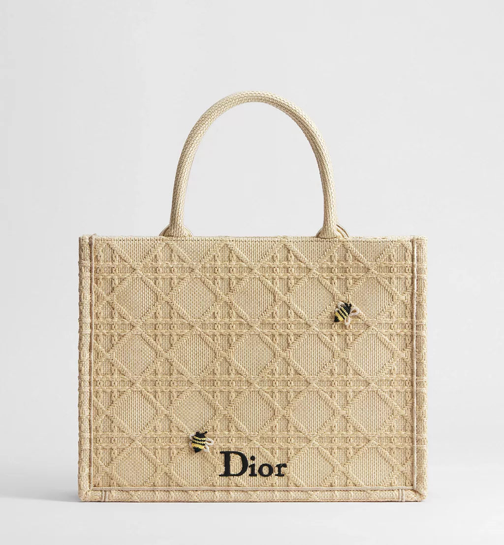 Medium Dior Book Tote with Strap Natural Cannage Raffia-Effect Embroidery