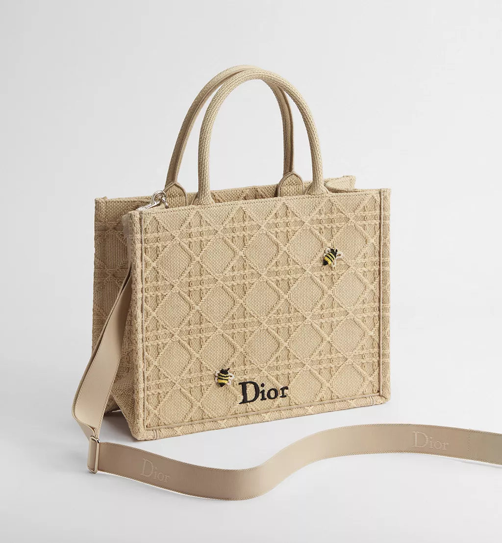 Medium Dior Book Tote with Strap Natural Cannage Raffia-Effect Embroidery
