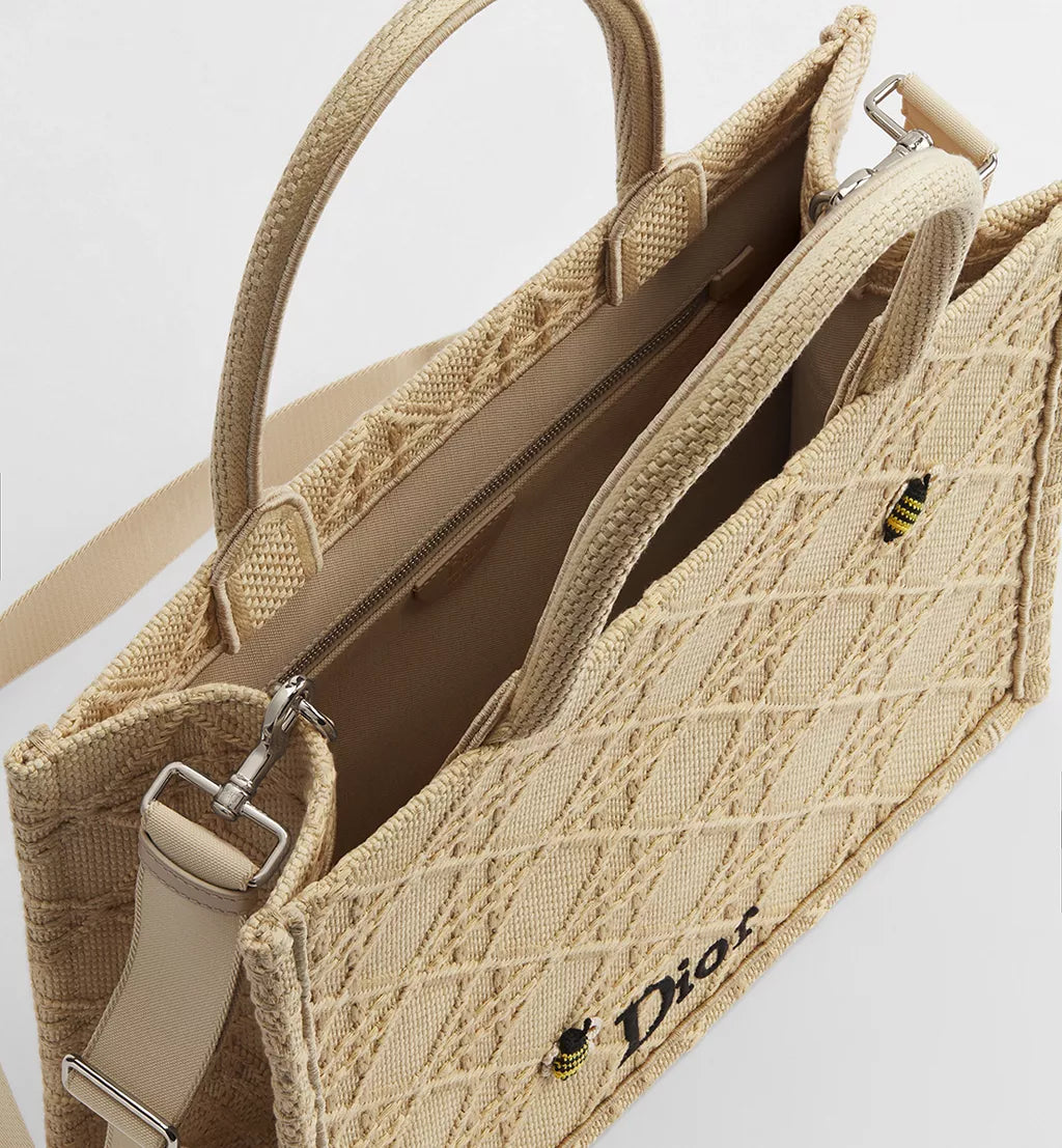 Medium Dior Book Tote with Strap Natural Cannage Raffia-Effect Embroidery