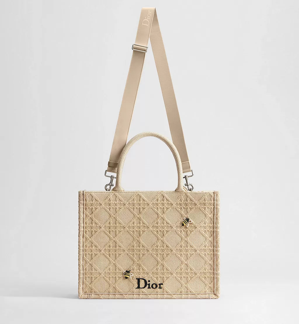 Medium Dior Book Tote with Strap Natural Cannage Raffia-Effect Embroidery