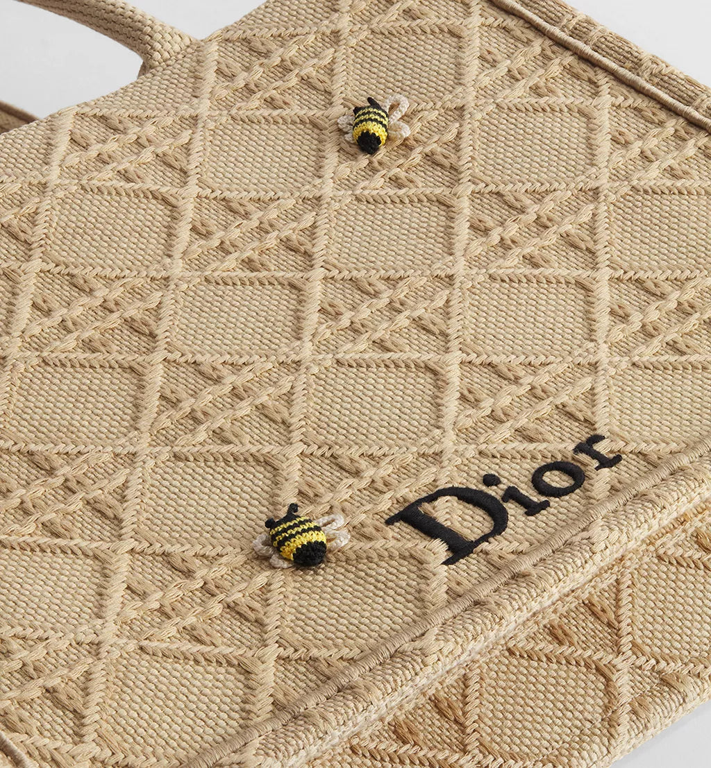 Medium Dior Book Tote with Strap Natural Cannage Raffia-Effect Embroidery