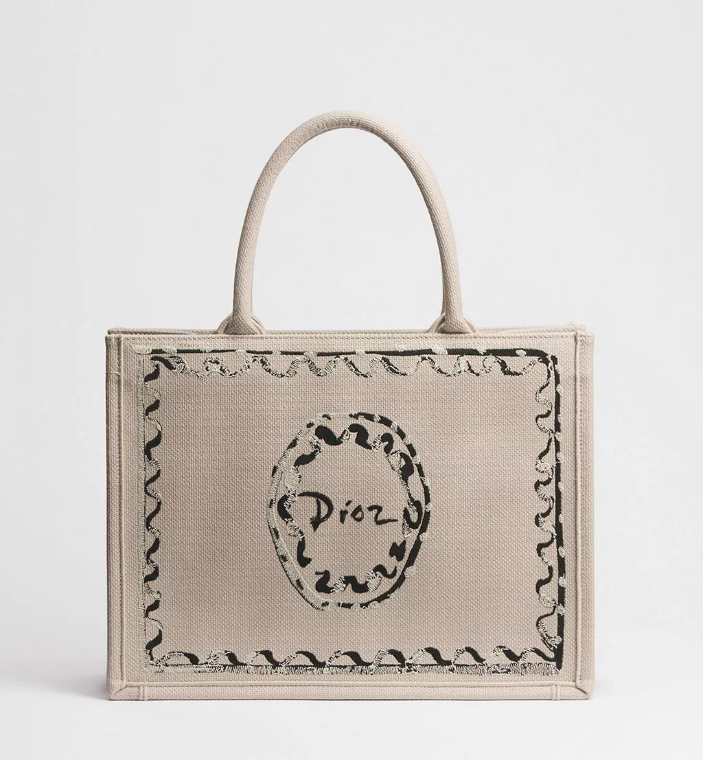 Dioriviera Medium Dior Book Tote with Strap Beige Dior Painted Ribbon Embroidery