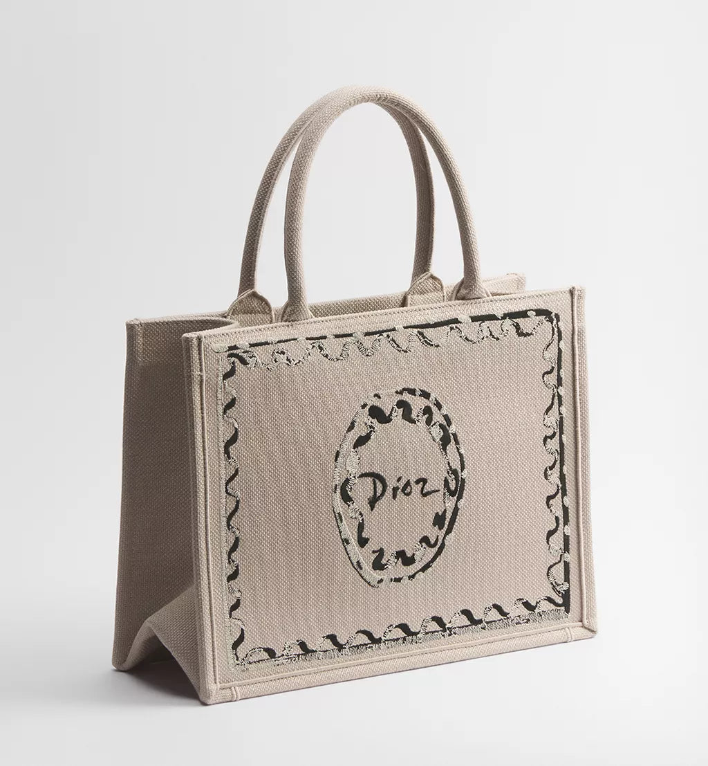 Dioriviera Medium Dior Book Tote with Strap Beige Dior Painted Ribbon Embroidery