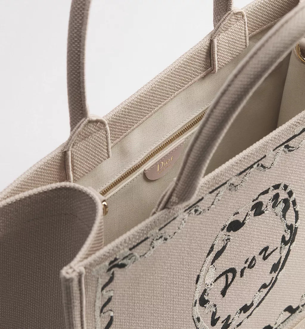Dioriviera Medium Dior Book Tote with Strap Beige Dior Painted Ribbon Embroidery