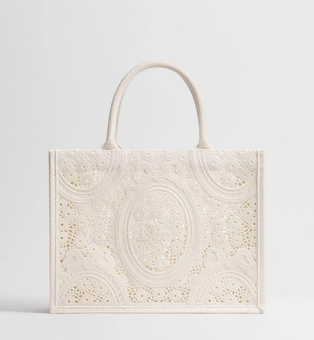 Medium Dior Book Tote with Strap Latte Embroidered Crochet with Dior Médaillon Signature