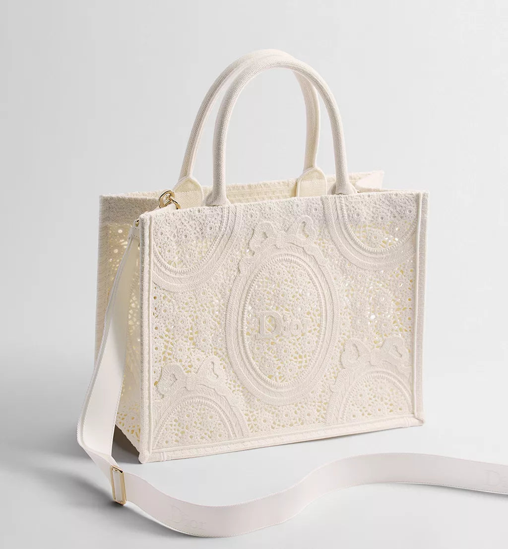 Medium Dior Book Tote with Strap Latte Embroidered Crochet with Dior Médaillon Signature