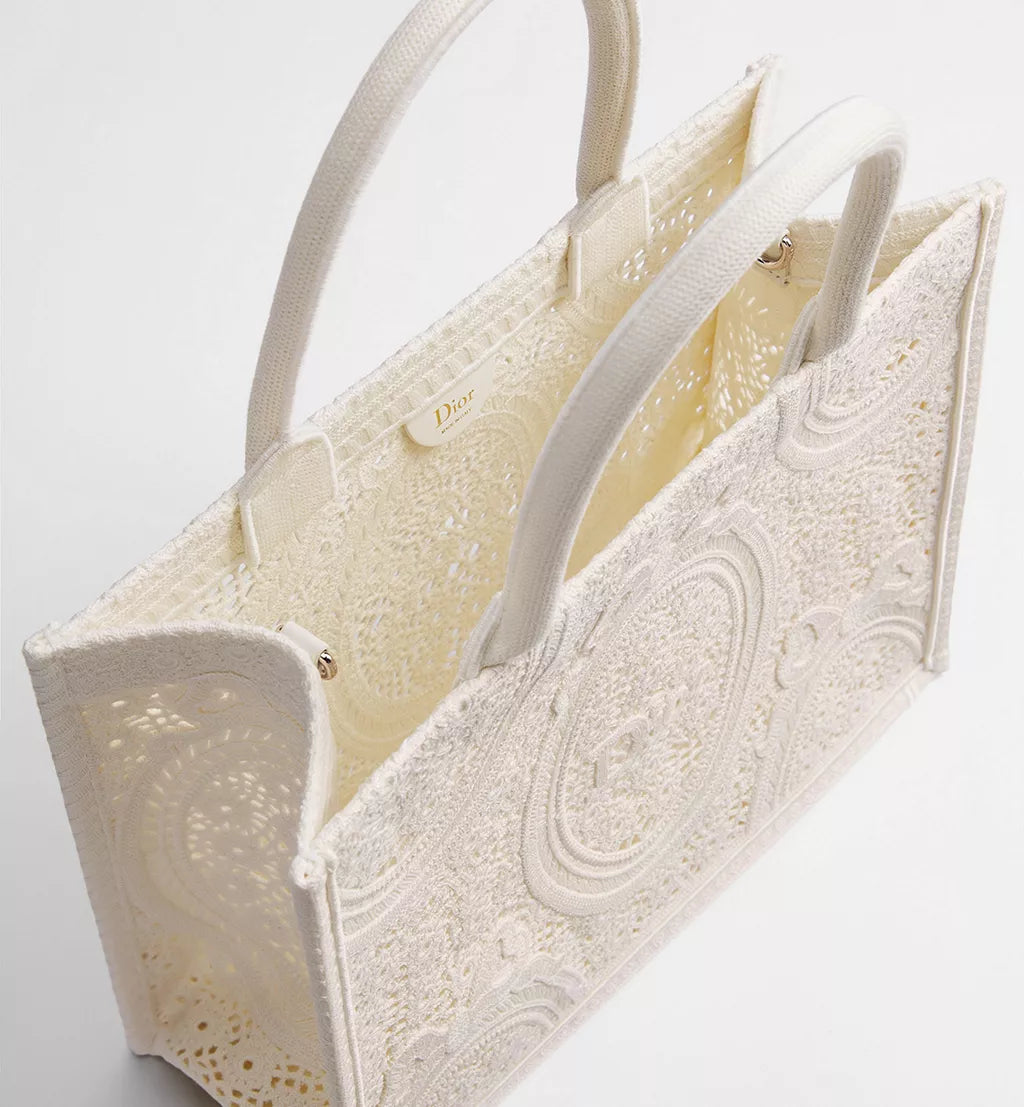 Medium Dior Book Tote with Strap Latte Embroidered Crochet with Dior Médaillon Signature