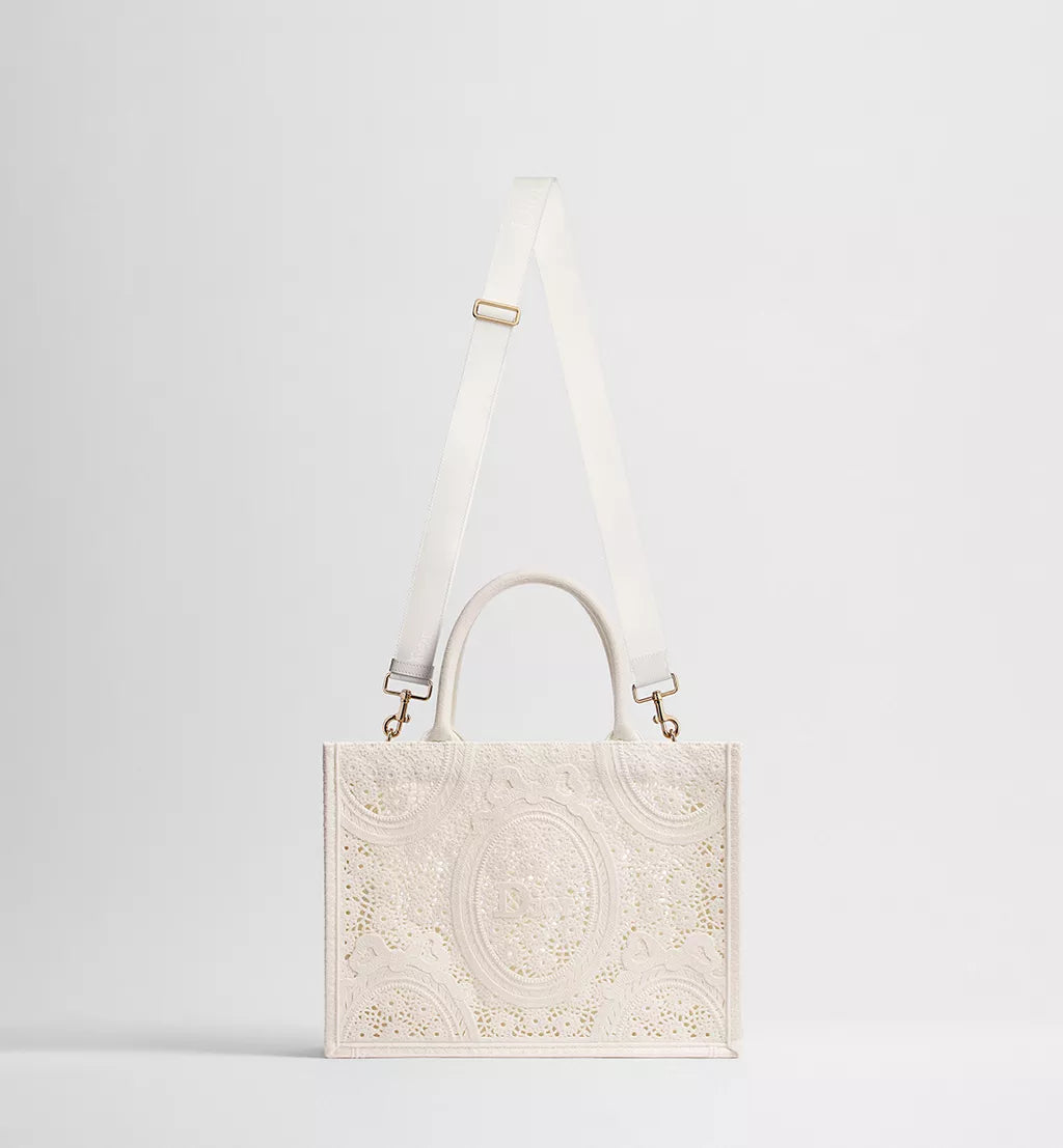 Medium Dior Book Tote with Strap Latte Embroidered Crochet with Dior Médaillon Signature