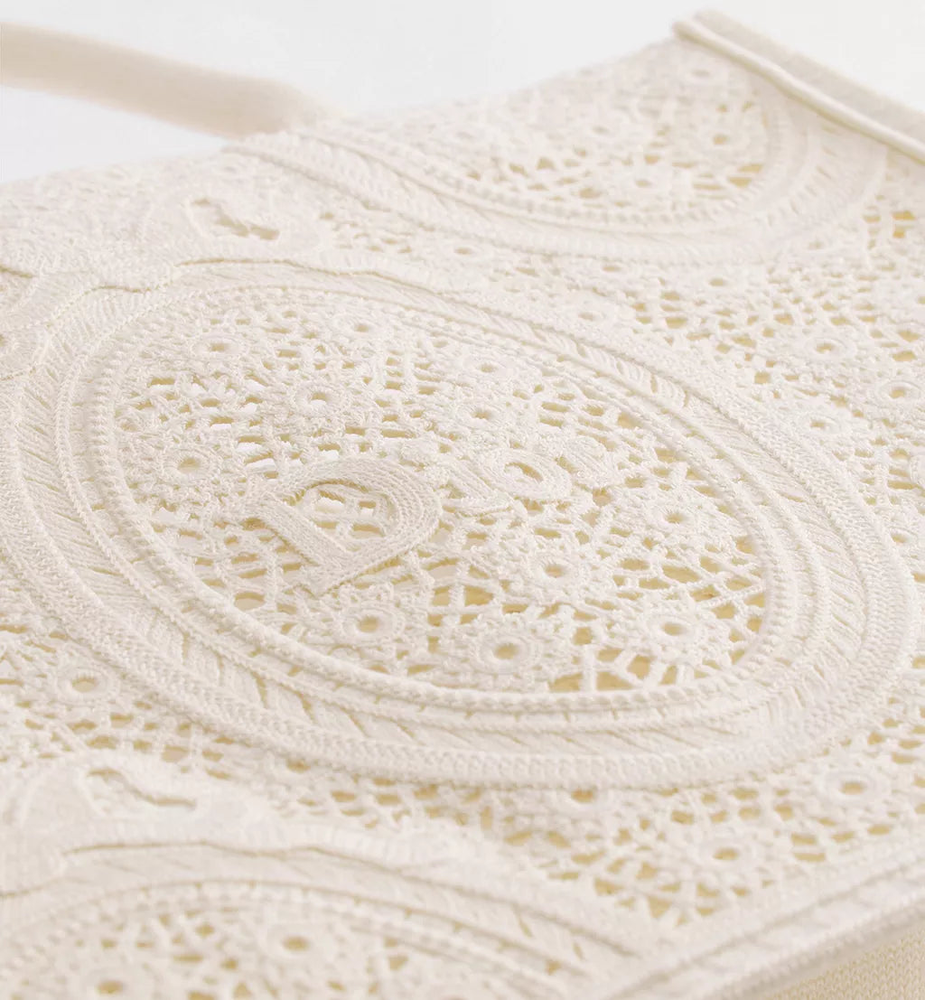 Medium Dior Book Tote with Strap Latte Embroidered Crochet with Dior Médaillon Signature