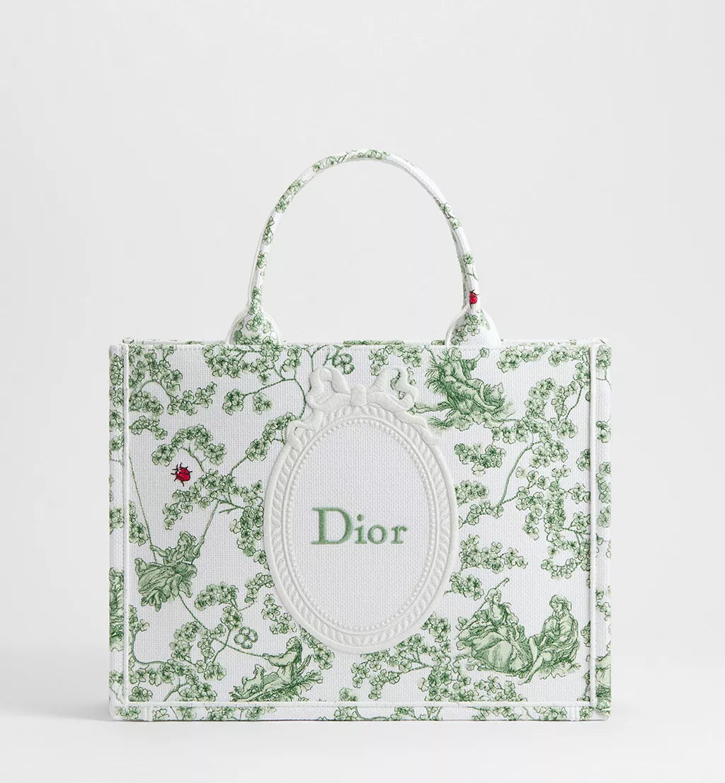 Medium Dior Book Tote with Strap Green Multicolor Toile de Jouy Clover Embroidery and White Dior Médaillon