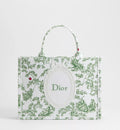 Medium Dior Book Tote with Strap Green Multicolor Toile de Jouy Clover Embroidery and White Dior Médaillon