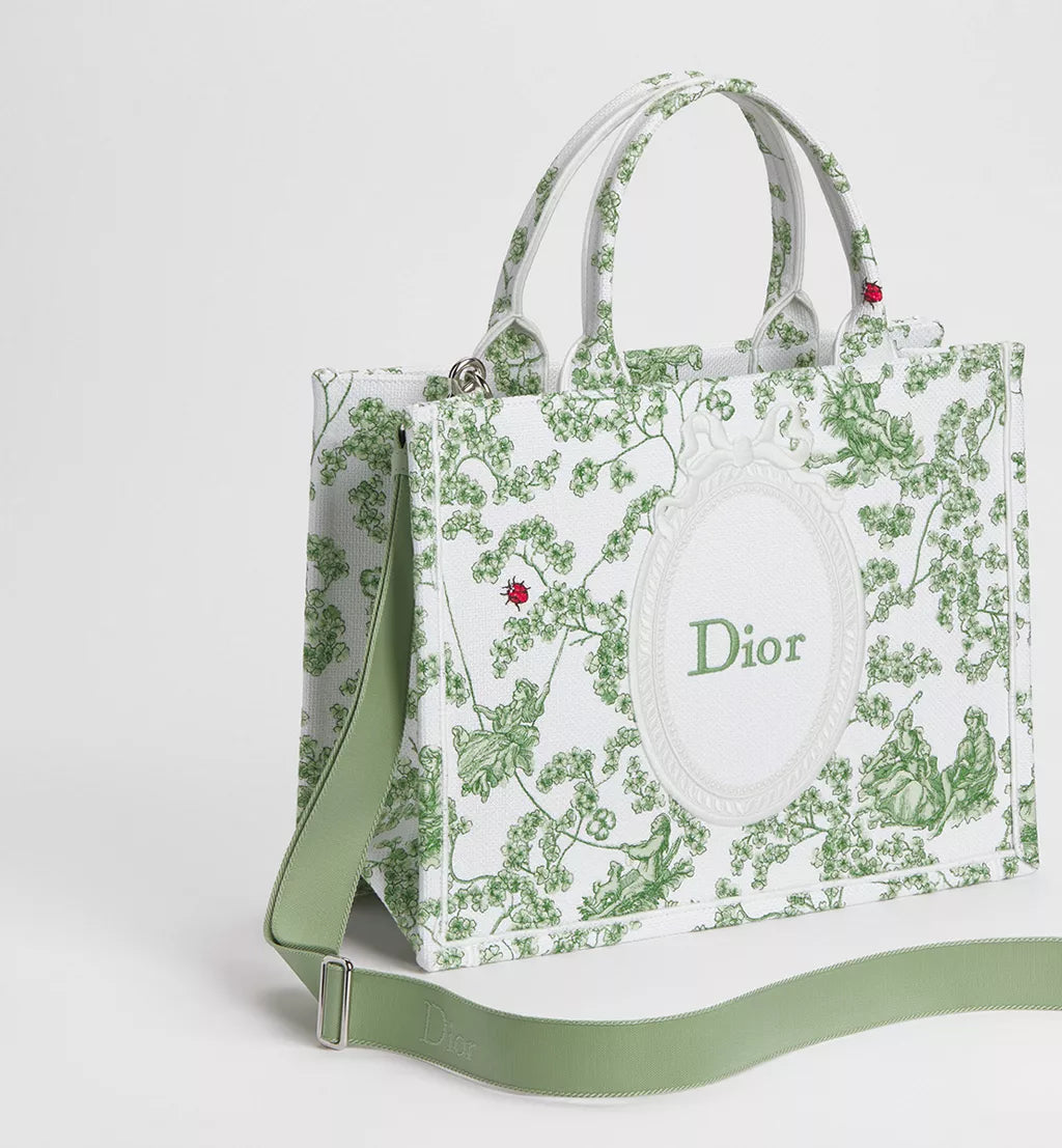 Medium Dior Book Tote with Strap Green Multicolor Toile de Jouy Clover Embroidery and White Dior Médaillon