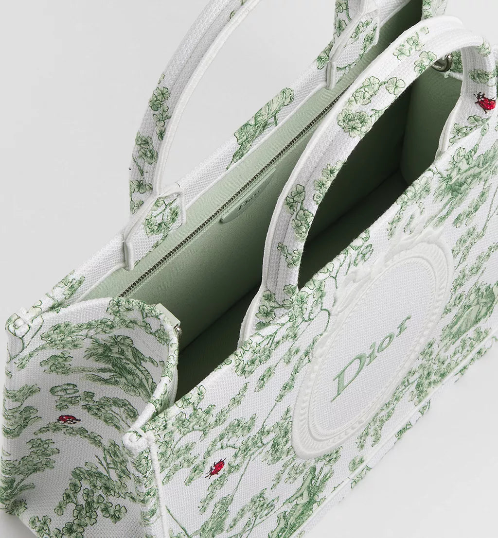 Medium Dior Book Tote with Strap Green Multicolor Toile de Jouy Clover Embroidery and White Dior Médaillon