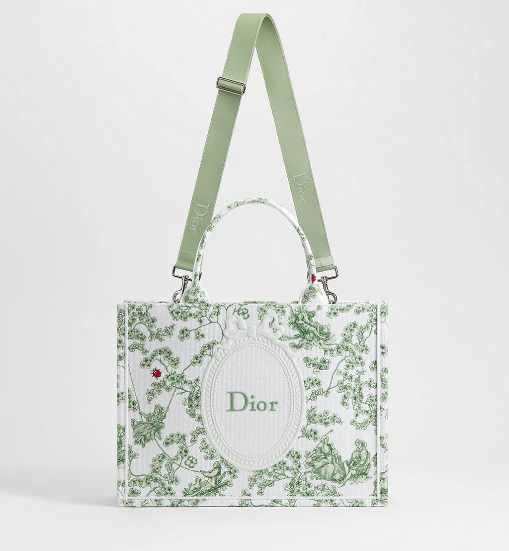 Medium Dior Book Tote with Strap Green Multicolor Toile de Jouy Clover Embroidery and White Dior Médaillon