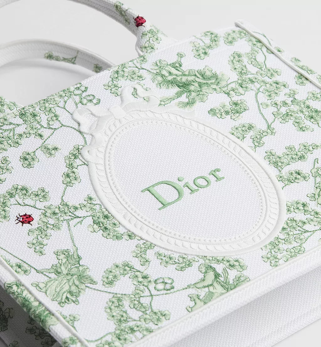 Medium Dior Book Tote with Strap Green Multicolor Toile de Jouy Clover Embroidery and White Dior Médaillon