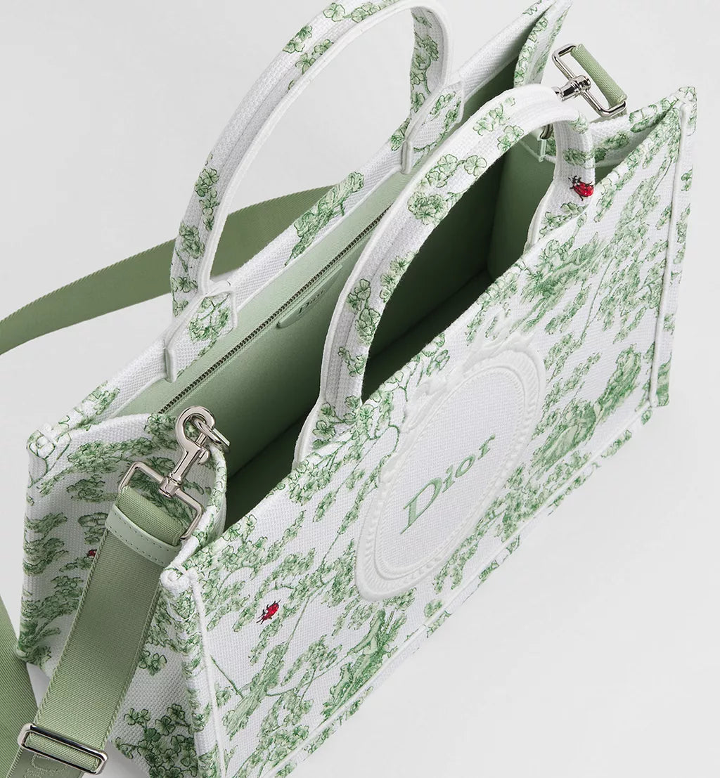 Medium Dior Book Tote with Strap Green Multicolor Toile de Jouy Clover Embroidery and White Dior Médaillon