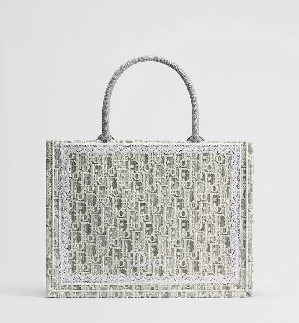 Medium Dior Book Tote with Strap Latte and Gray Dior Oblique Embroidery and White Lace