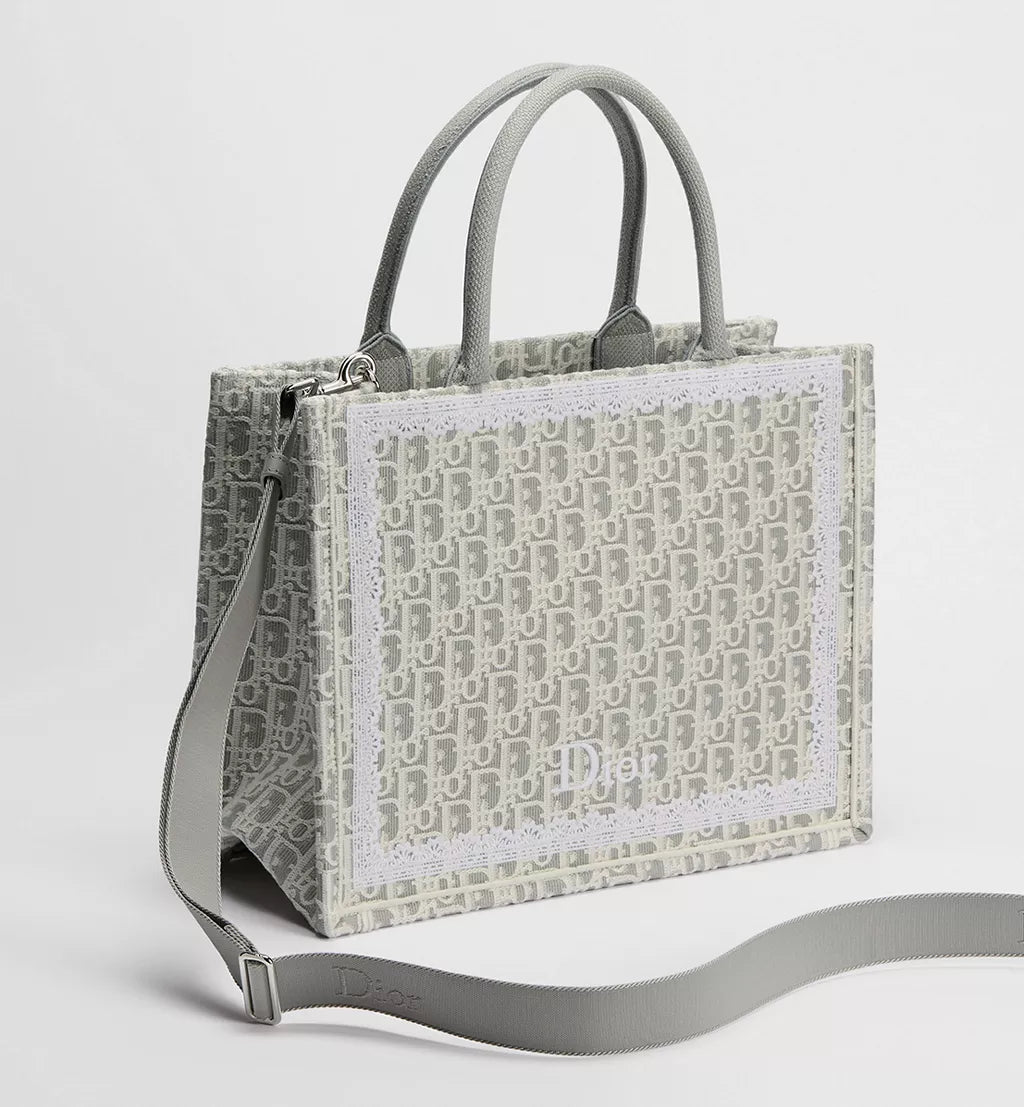 Medium Dior Book Tote with Strap Latte and Gray Dior Oblique Embroidery and White Lace