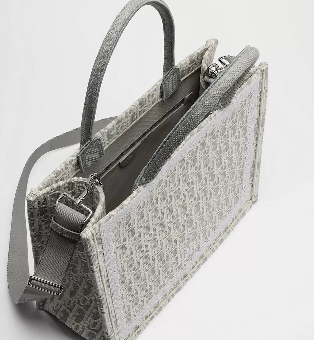 Medium Dior Book Tote with Strap Latte and Gray Dior Oblique Embroidery and White Lace