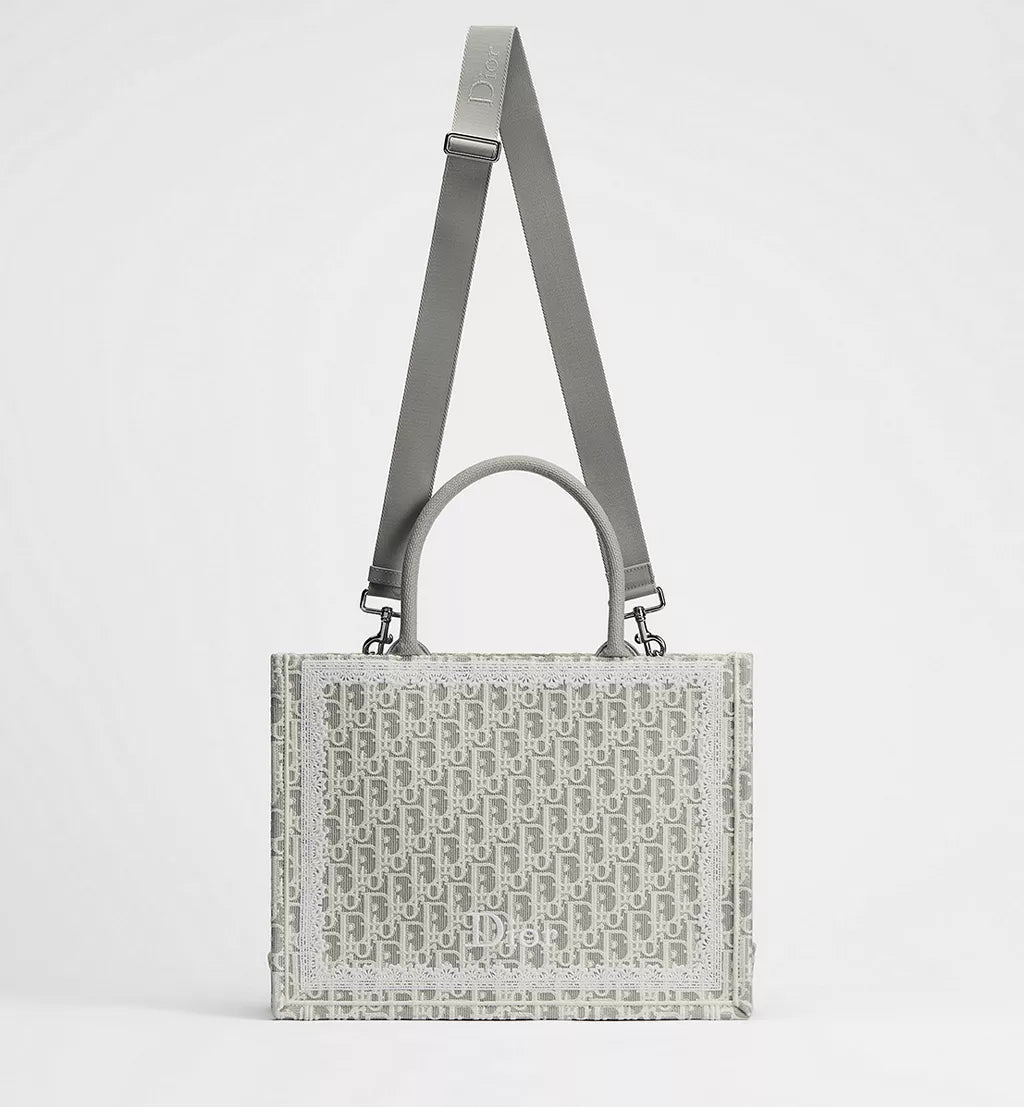 Medium Dior Book Tote with Strap Latte and Gray Dior Oblique Embroidery and White Lace