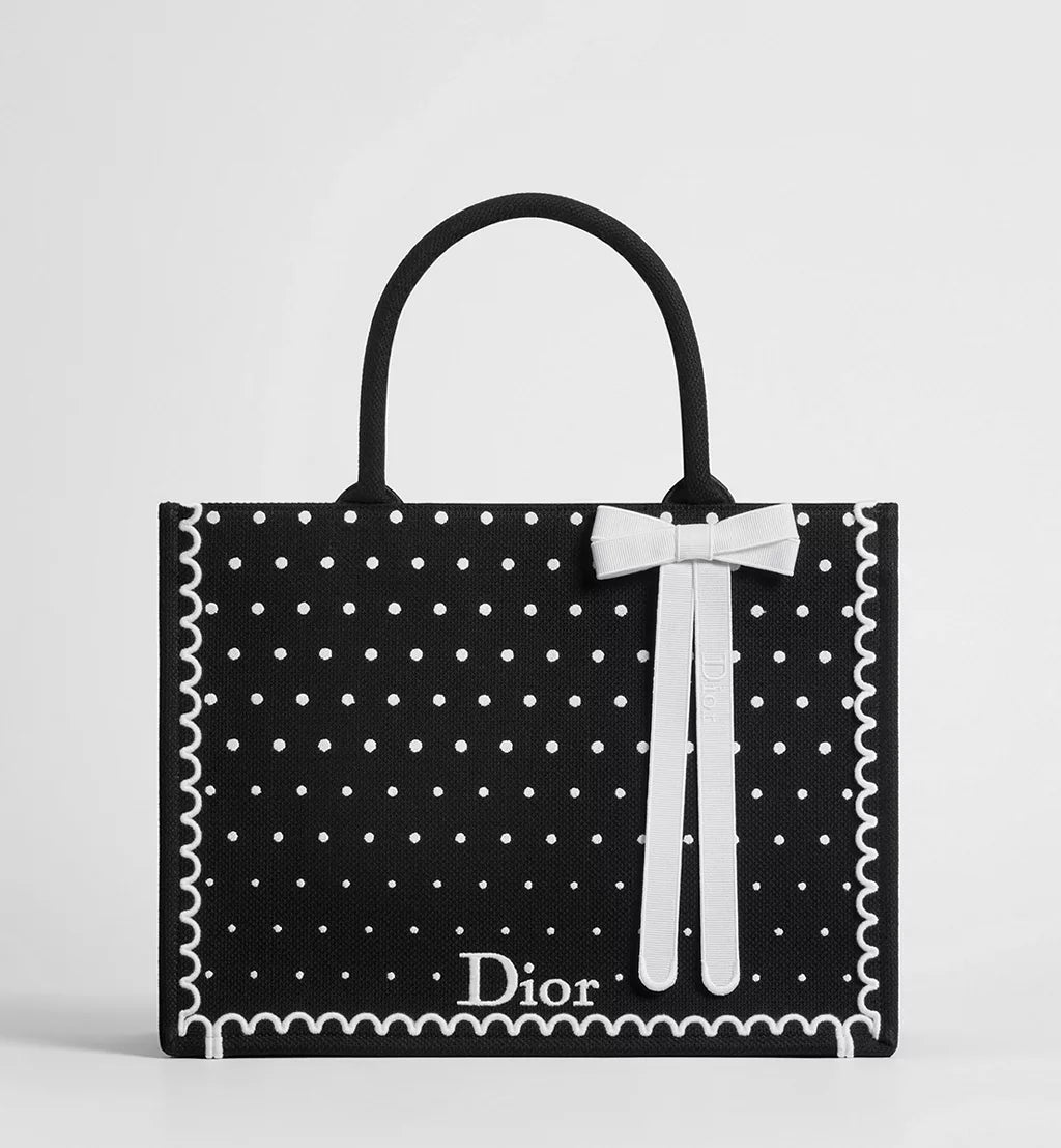 Medium Dior Book Tote with Strap Black and White PolkaDior Embroidery