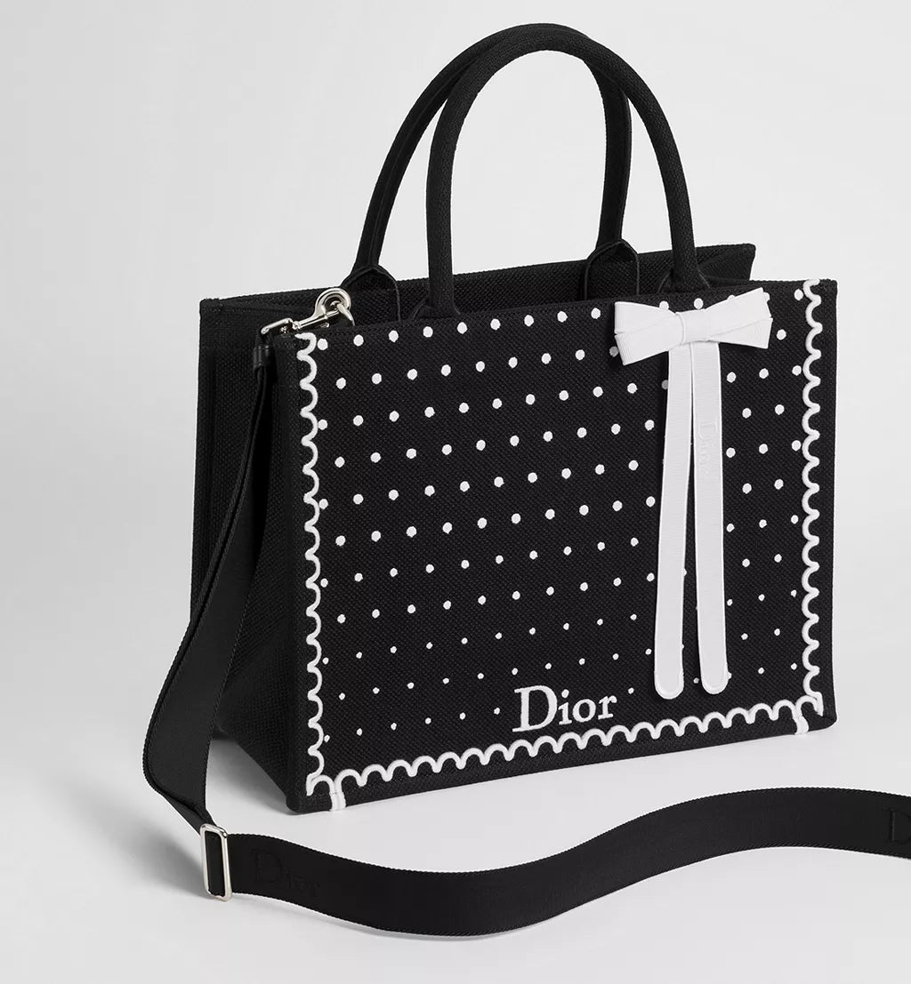 Medium Dior Book Tote with Strap Black and White PolkaDior Embroidery