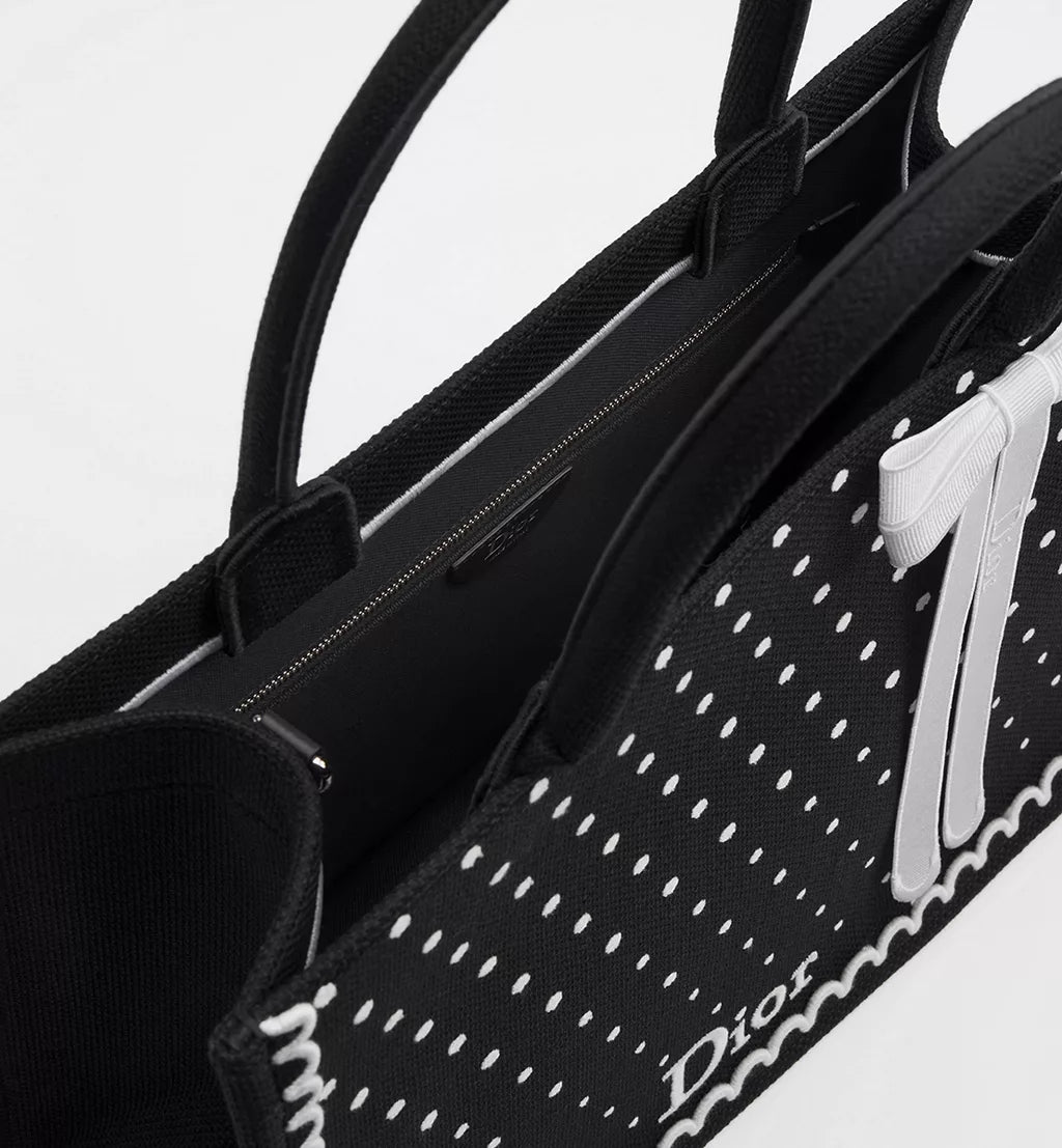 Medium Dior Book Tote with Strap Black and White PolkaDior Embroidery