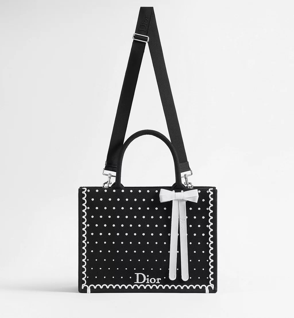 Medium Dior Book Tote with Strap Black and White PolkaDior Embroidery