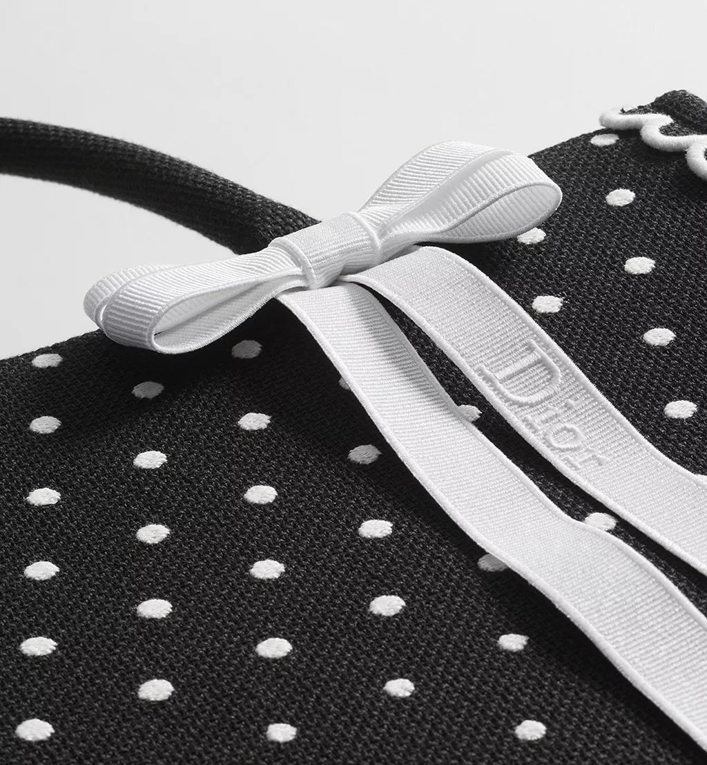 Medium Dior Book Tote with Strap Black and White PolkaDior Embroidery