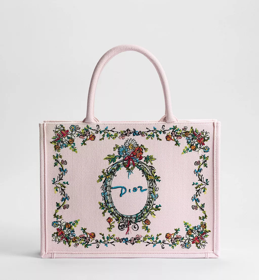 Dioriviera Medium Dior Book Tote with Strap Pink Multicolor Dior Arabesque Embroidery