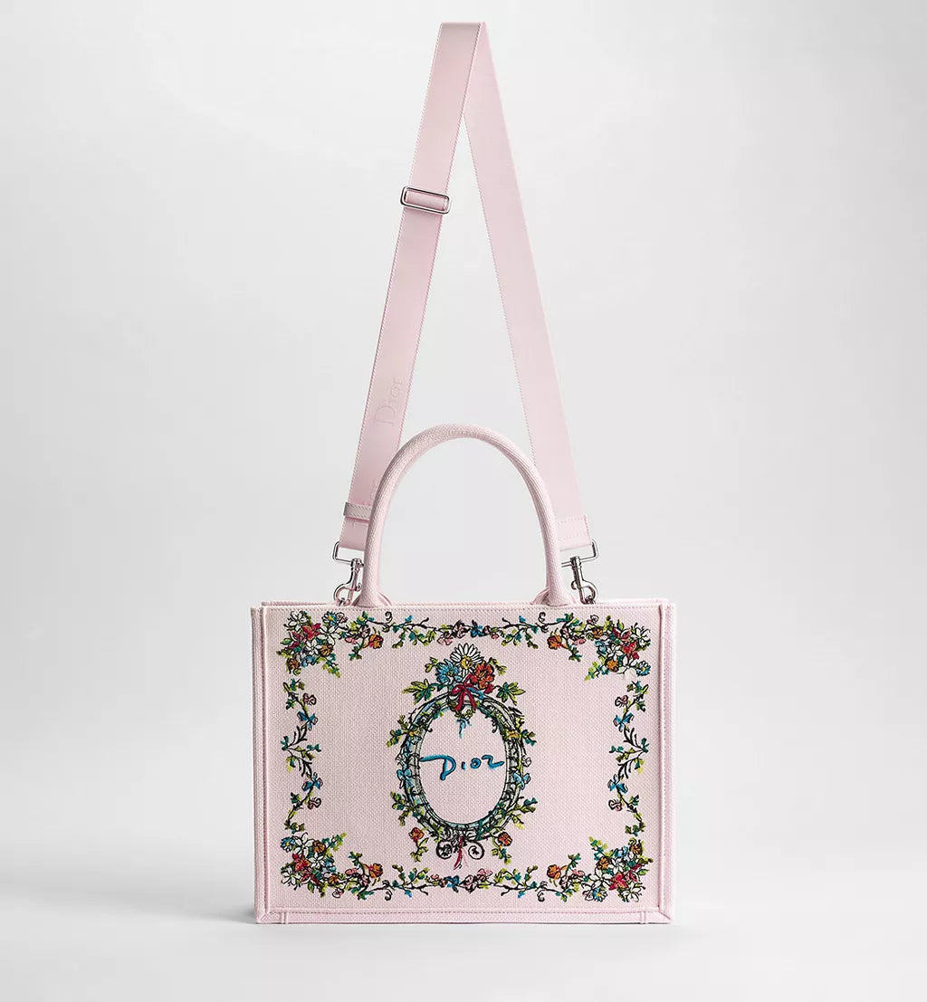 Dioriviera Medium Dior Book Tote with Strap Pink Multicolor Dior Arabesque Embroidery