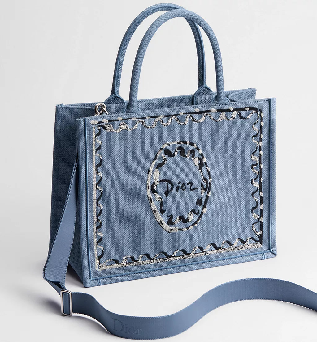 Dioriviera Medium Dior Book Tote with Strap Blue-Greige Dior Painted Ribbon Embroidery