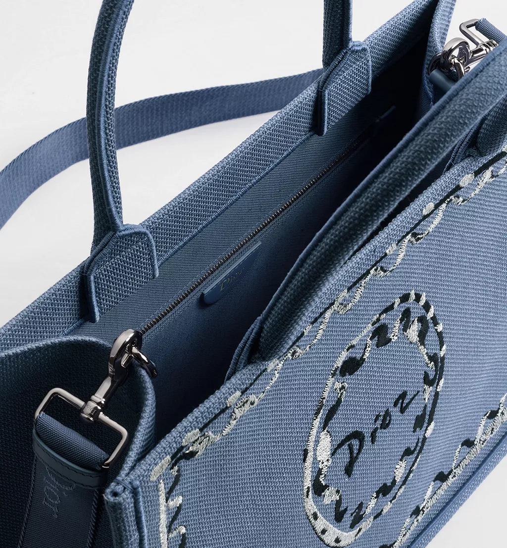 Dioriviera Medium Dior Book Tote with Strap Blue-Greige Dior Painted Ribbon Embroidery