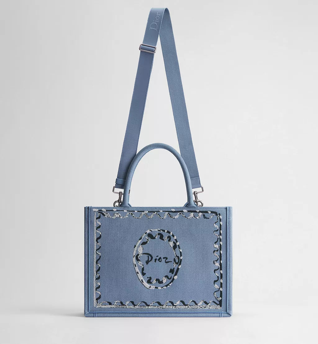 Dioriviera Medium Dior Book Tote with Strap Blue-Greige Dior Painted Ribbon Embroidery