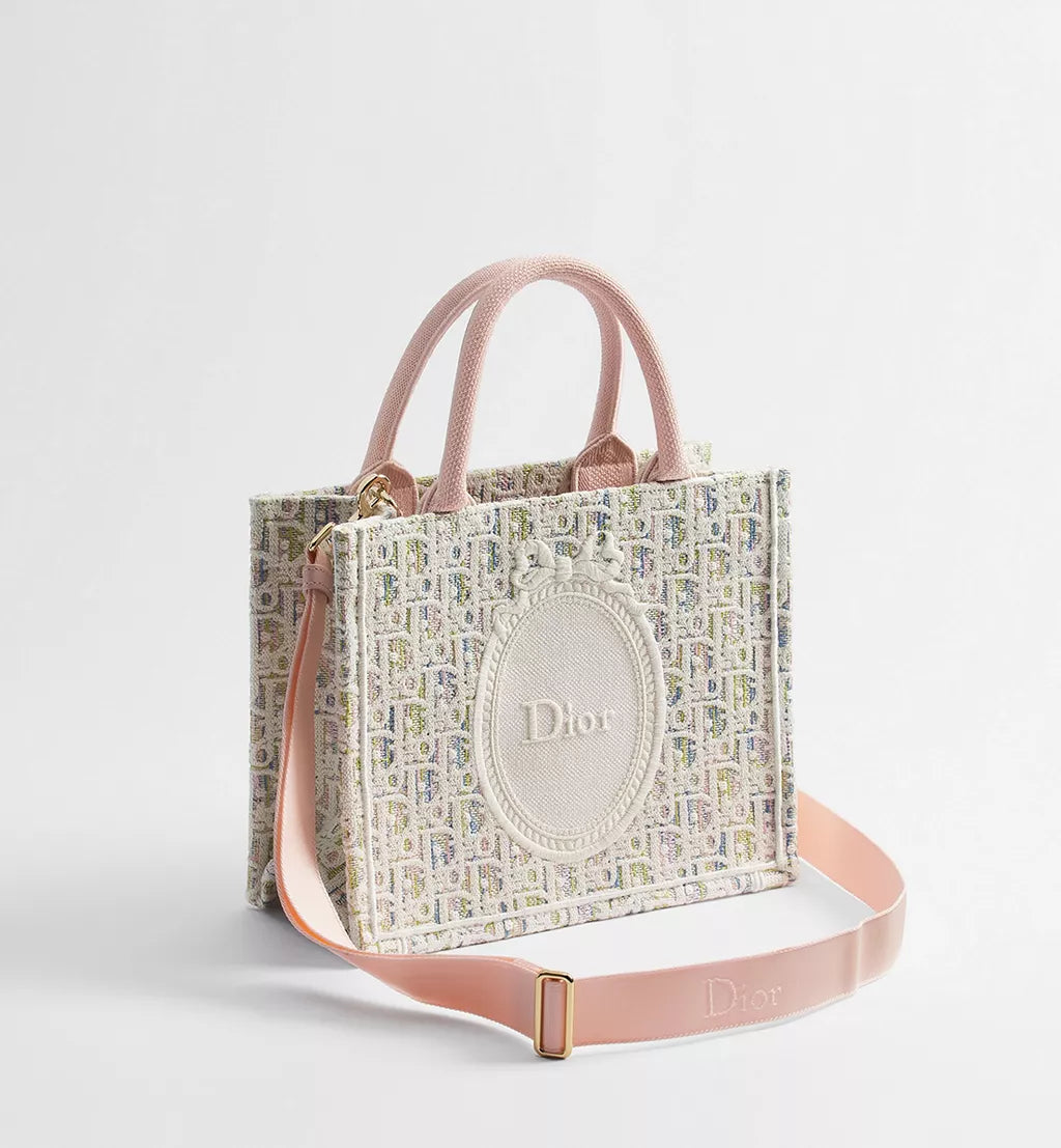 Small Dior Book Tote with Strap Multicolor Dior Oblique Pastel Embroidery and White Dior
