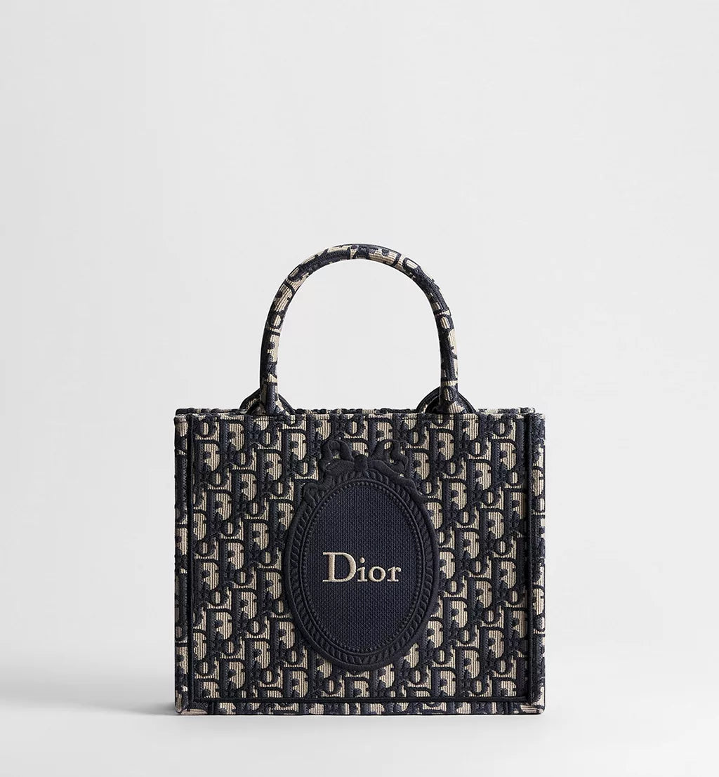 Small Dior Book Tote with Strap Blue Dior Oblique Jacquard and Embroidered Dior Médaillon