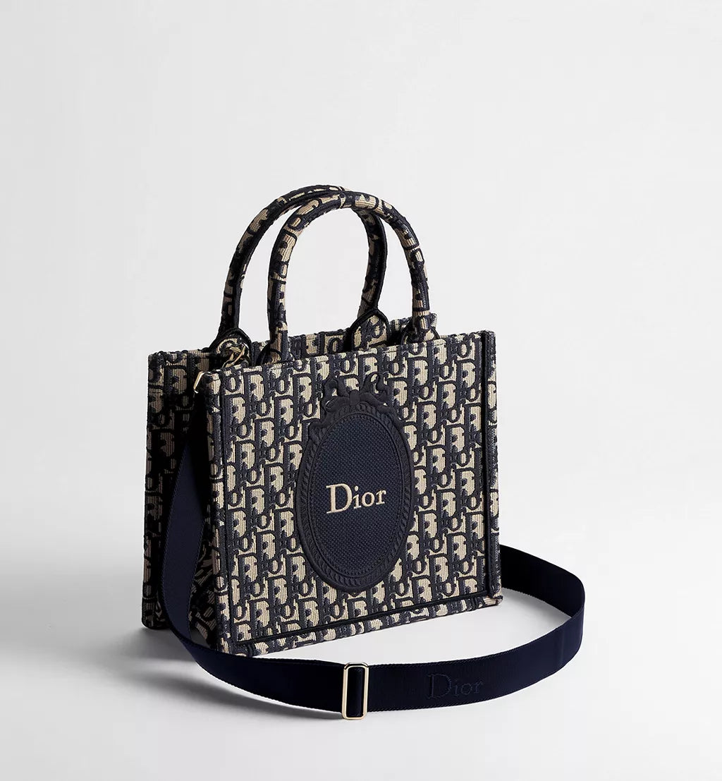 Small Dior Book Tote with Strap Blue Dior Oblique Jacquard and Embroidered Dior Médaillon