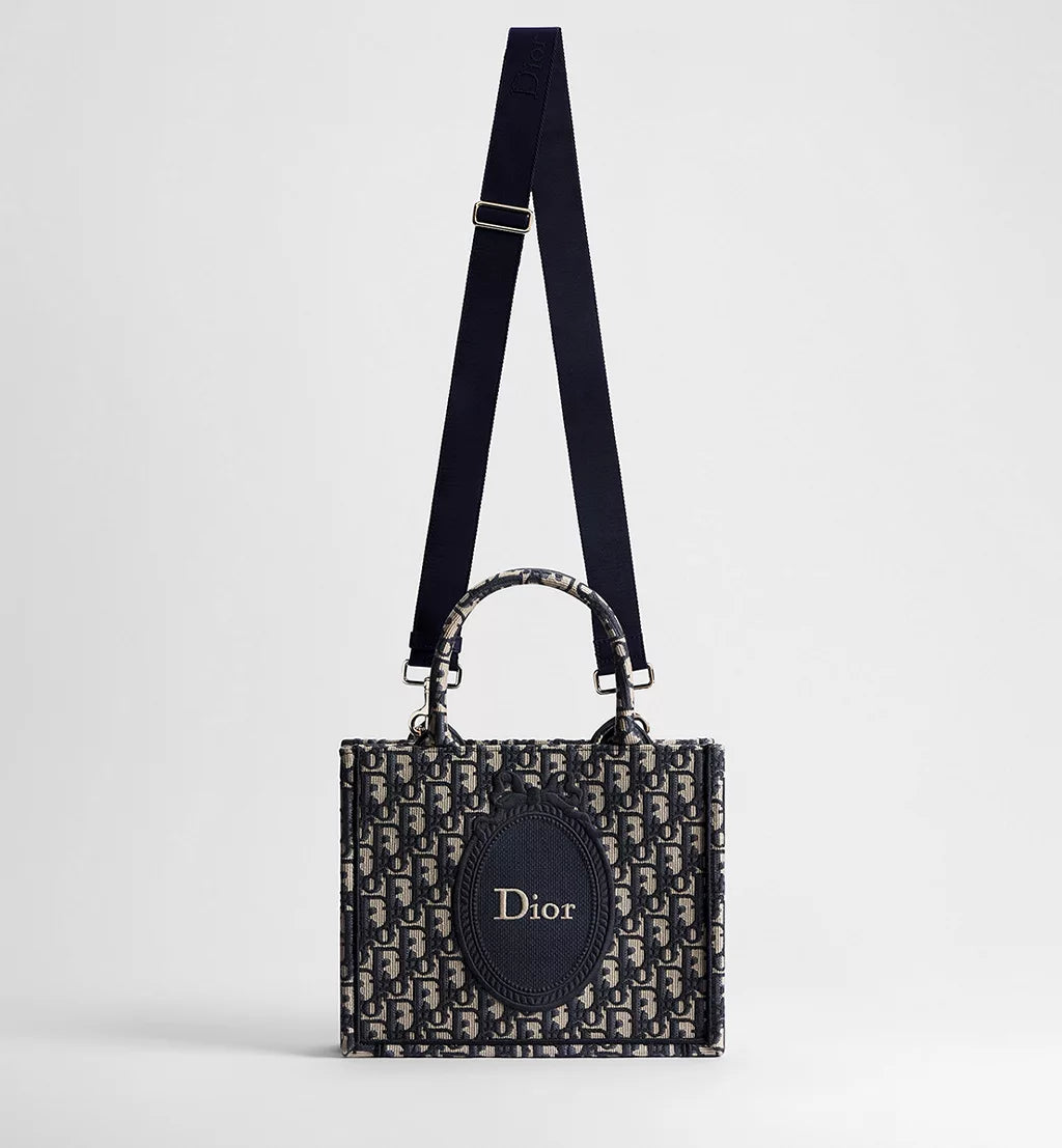 Small Dior Book Tote with Strap Blue Dior Oblique Jacquard and Embroidered Dior Médaillon