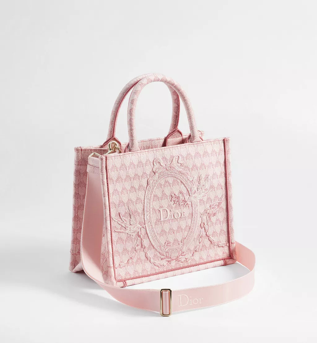 Dior Qixi Small Dior Book Tote with Strap Pink Dior Colibri Embroidery and Dior Médaillon