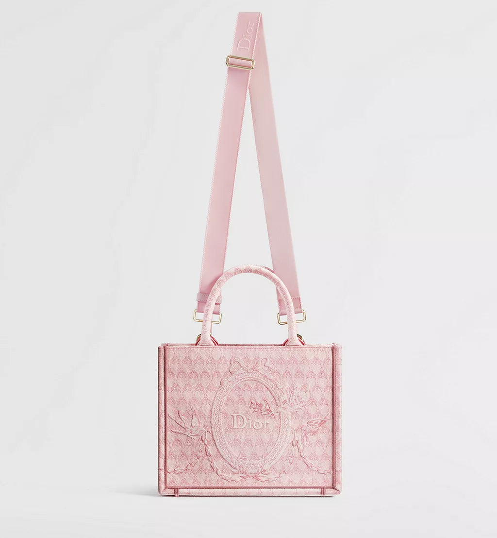 Dior Qixi Small Dior Book Tote with Strap Pink Dior Colibri Embroidery and Dior Médaillon