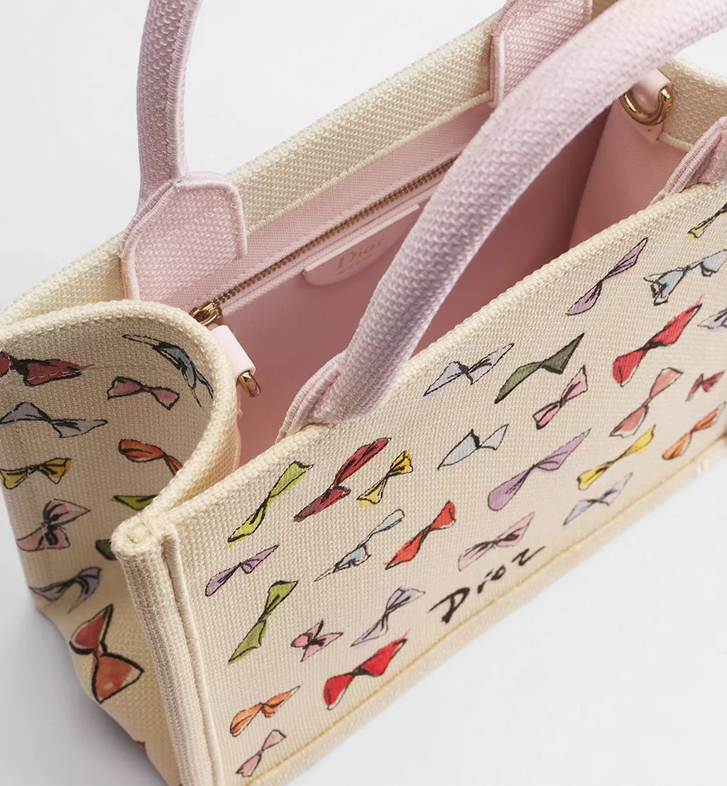 Dioriviera Small Dior Book Tote with Strap Latte Multicolor Dior Bows Embroidery