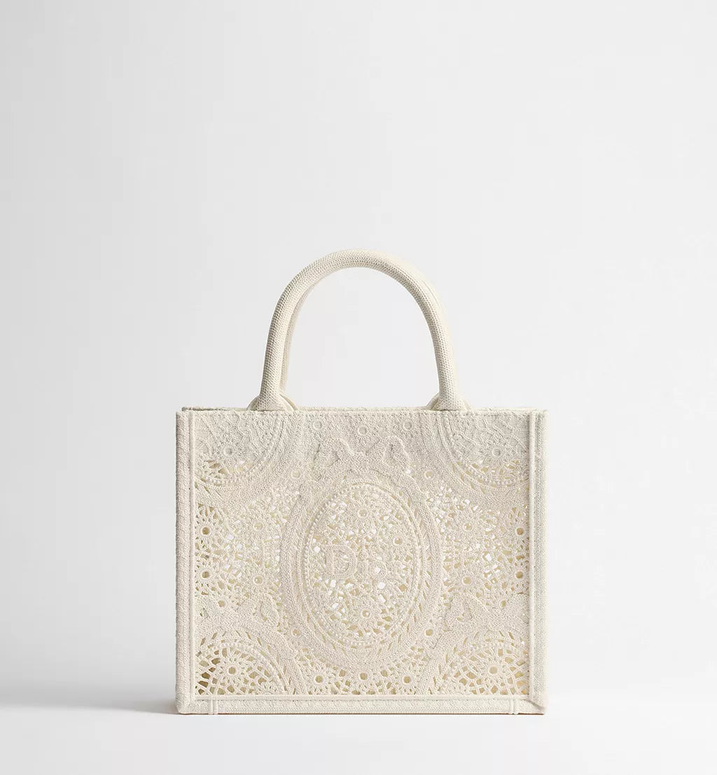 Small Dior Book Tote with Strap Latte Embroidered Crochet with Dior Médaillon Signature