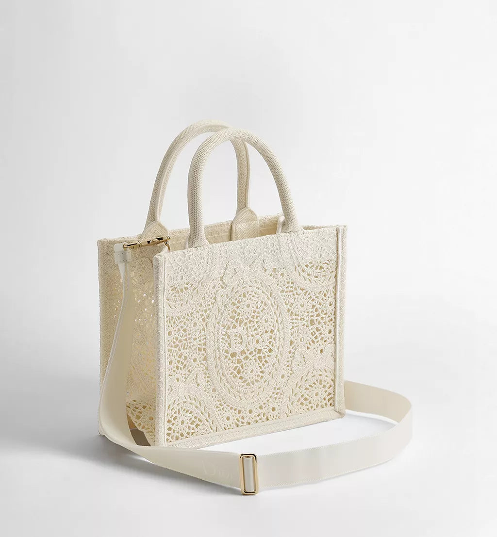 Small Dior Book Tote with Strap Latte Embroidered Crochet with Dior Médaillon Signature