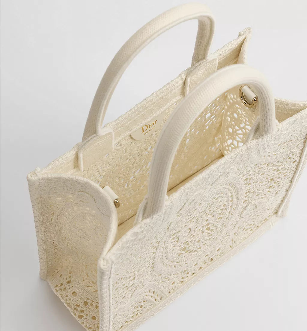 Small Dior Book Tote with Strap Latte Embroidered Crochet with Dior Médaillon Signature