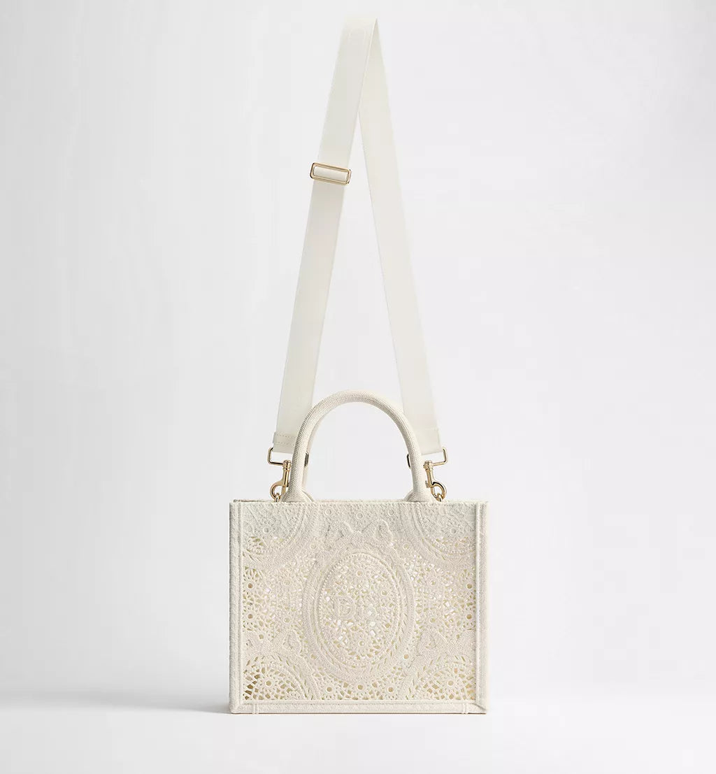 Small Dior Book Tote with Strap Latte Embroidered Crochet with Dior Médaillon Signature