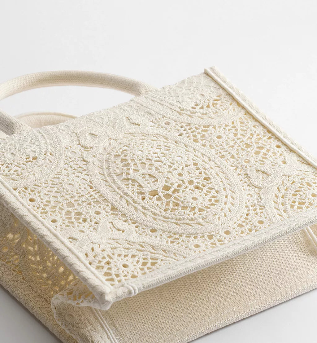 Small Dior Book Tote with Strap Latte Embroidered Crochet with Dior Médaillon Signature